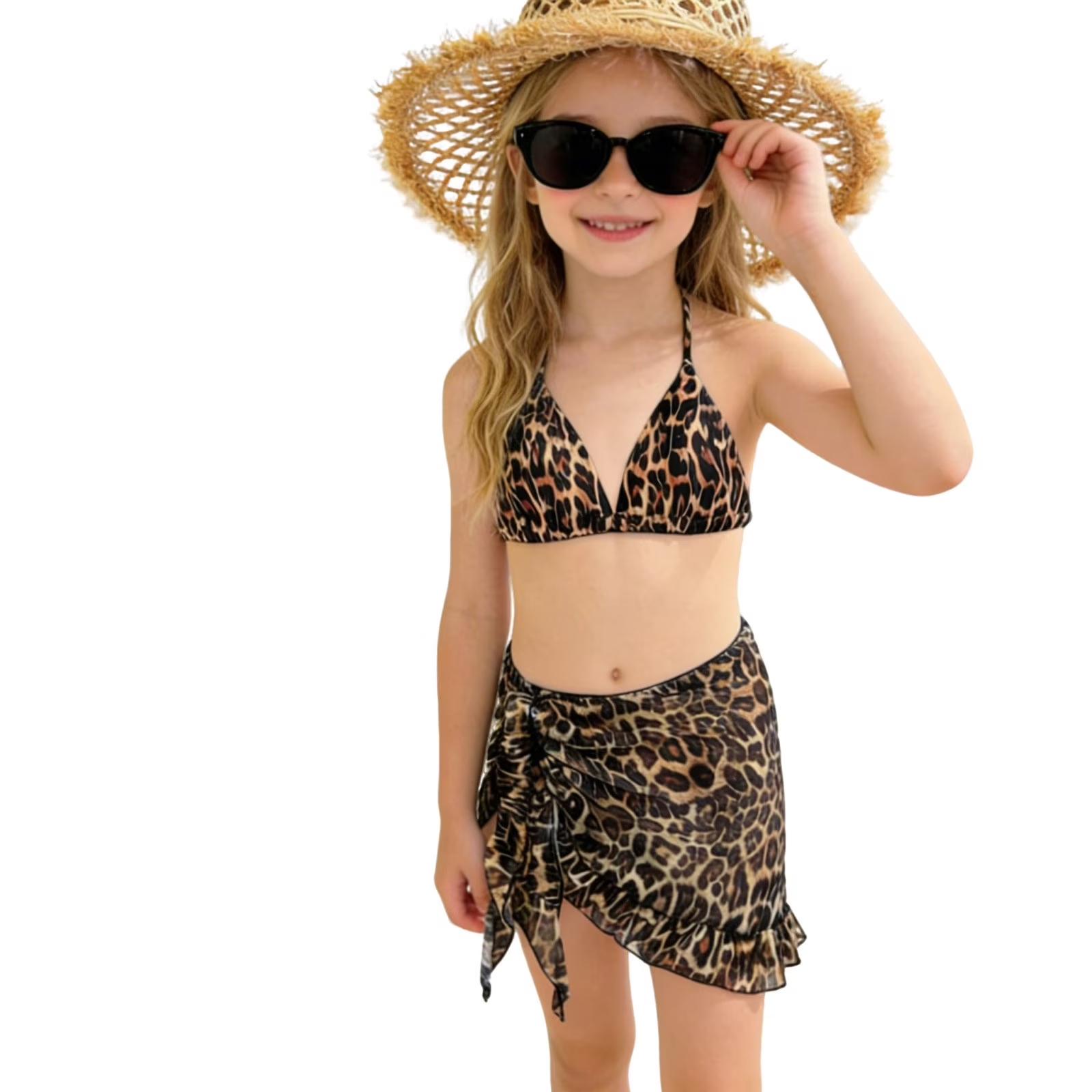 Girls Leopard Print Bikini Set - 3 Piece Swimsuit for Kids 8