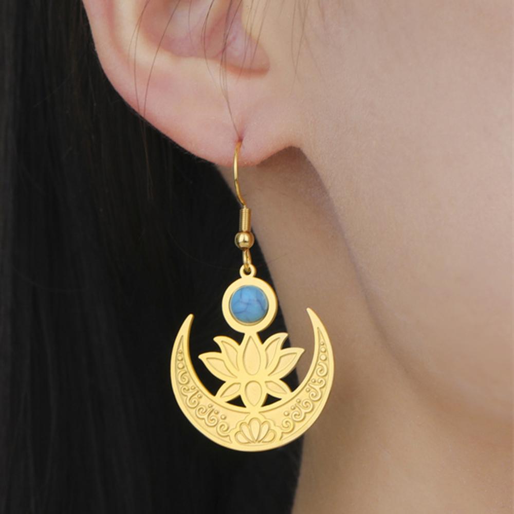 My Shape Flower Lotus Moon Earrings for Women Stainless Steel Dangle Earrings Flower Drop Earring Jewelry Chakra Healing Amulet