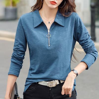 Langarm Shirts Frauen Baumwolle Koreanischen Stil Schlanke Frau Kleidung Herbst Zipper Tops Frauen T Shirt Femme