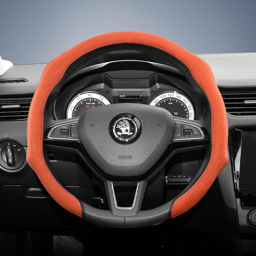 Suitable for Skoda Premium Suede Snap-On Steering Wheel Cover, Non-Slip and Durable, Round and D-Shaped Steering Wheel Available for Octavia 