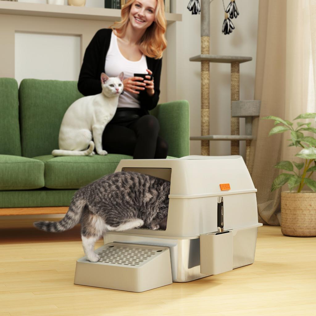 Covered Stainless Steel Cat Litter Box with Exit Step and Stainless Steel Scoop Light Grey
