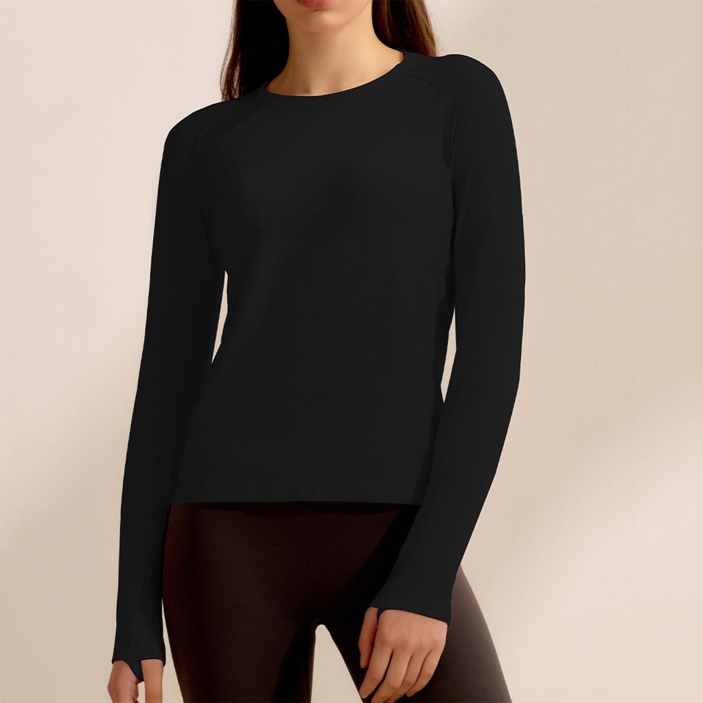 Dámská jednobarevná fitness souprava slim fit s návleky na prsty sportovní top s dlouhým rukávem