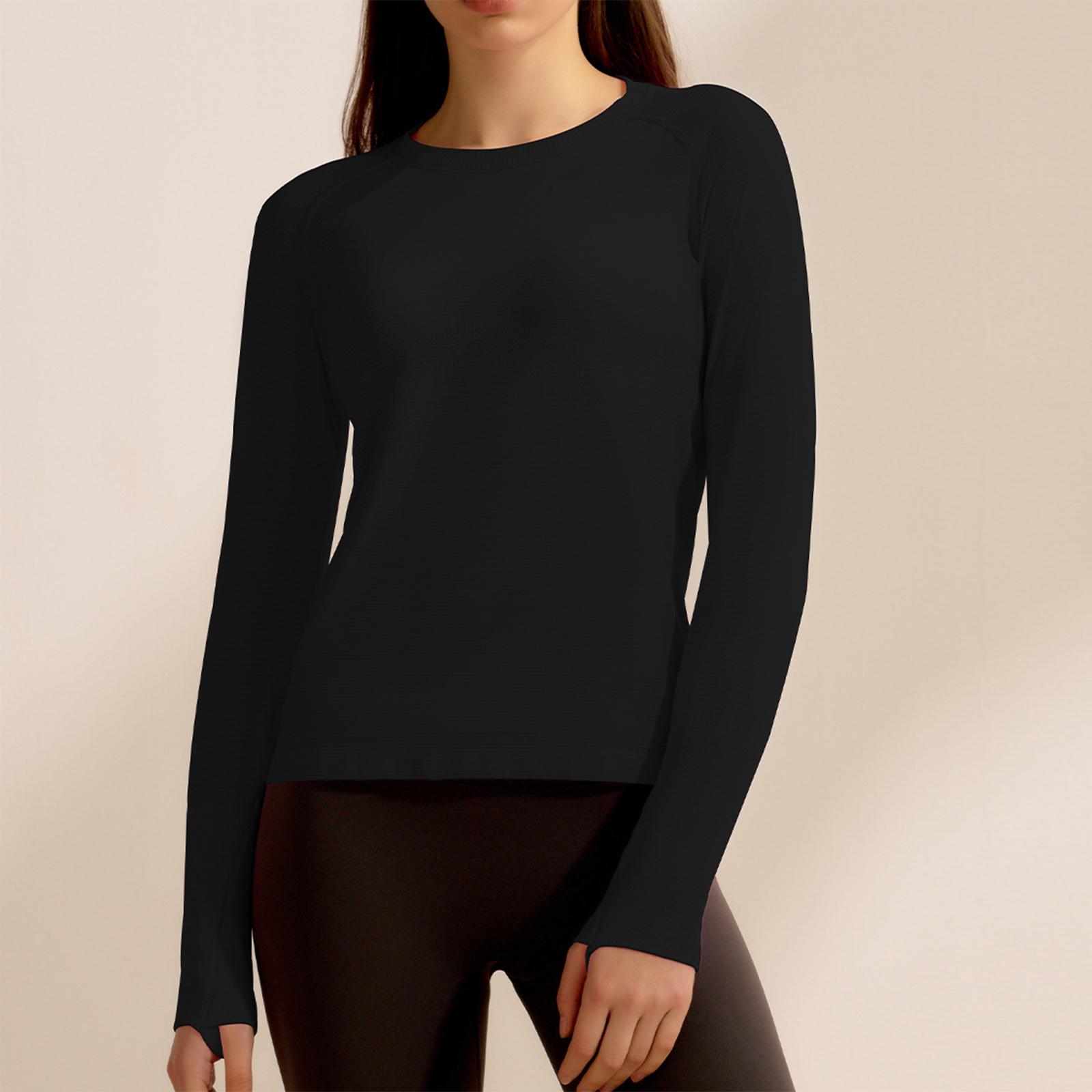 

Женский однотонный фитнес-костюм облегающего кроя с напальчниками, спортивный топ с длинным рукавом M чёрный