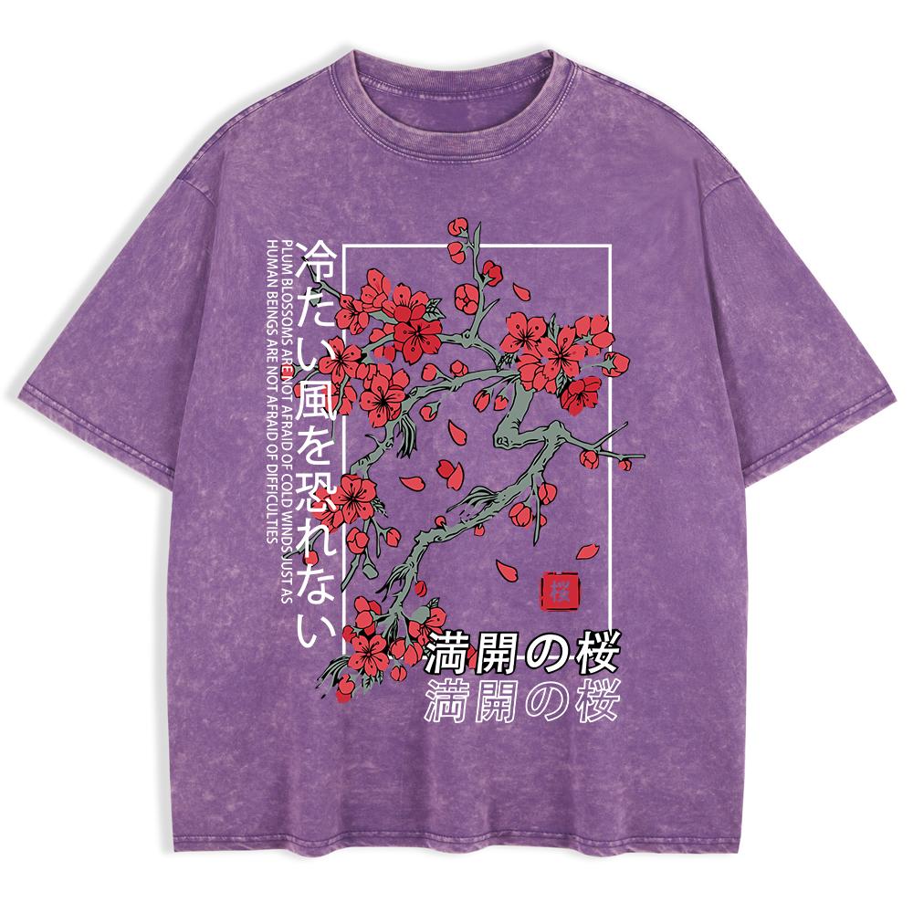 Japan Tokyo Körsbärsblomma Tryckta Tvättade T-shirts Herr Bomull Kortärmade Toppar Sommar Rund Hals Överdimensionerad T-shirt Kläder