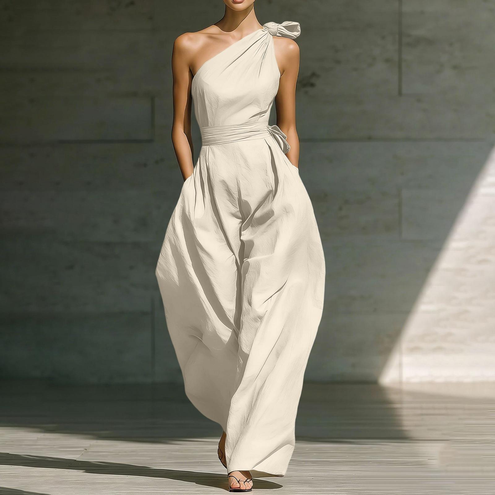 

Women s Color Summer Loose Sleeveless Off-Shoulder Belted Bodysuit L бежевый