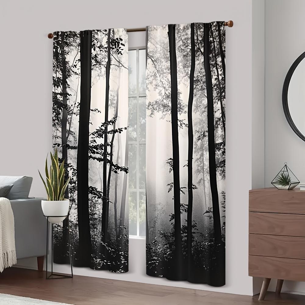 2pcs Black and White Forest Fog Print Curtains   Modern Polyester Rod Pocket Curtains   Suitable for Kitchen   Office   Bedroom