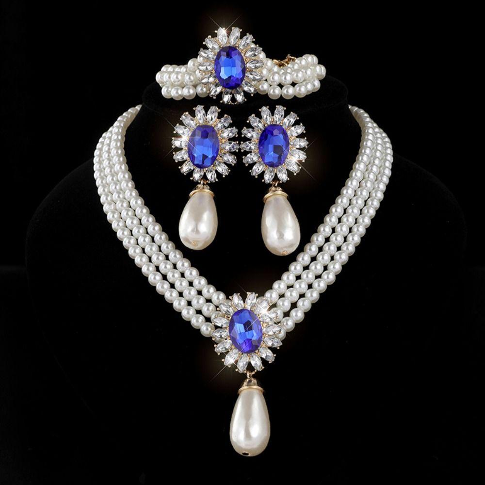 Flower Multilayer Jewelry Set Inlaid Rhinestone Clavicle Chain Pearl Necklace Earring Set Women