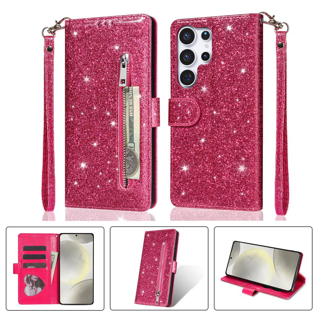 Zipper Cute Glittering Wallet Cards Solt Phone Case For Samsung S26 Ultra S25 Plus S24 S23 A36 A56 Flip Strong Magnetic Cover
