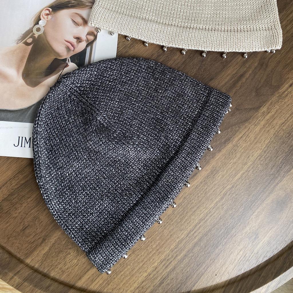Korean Trendy Bag Head Hat Women's New Autumn and Winter Thin Knitted Hat Design Sense Bead Wool Pullover Hat