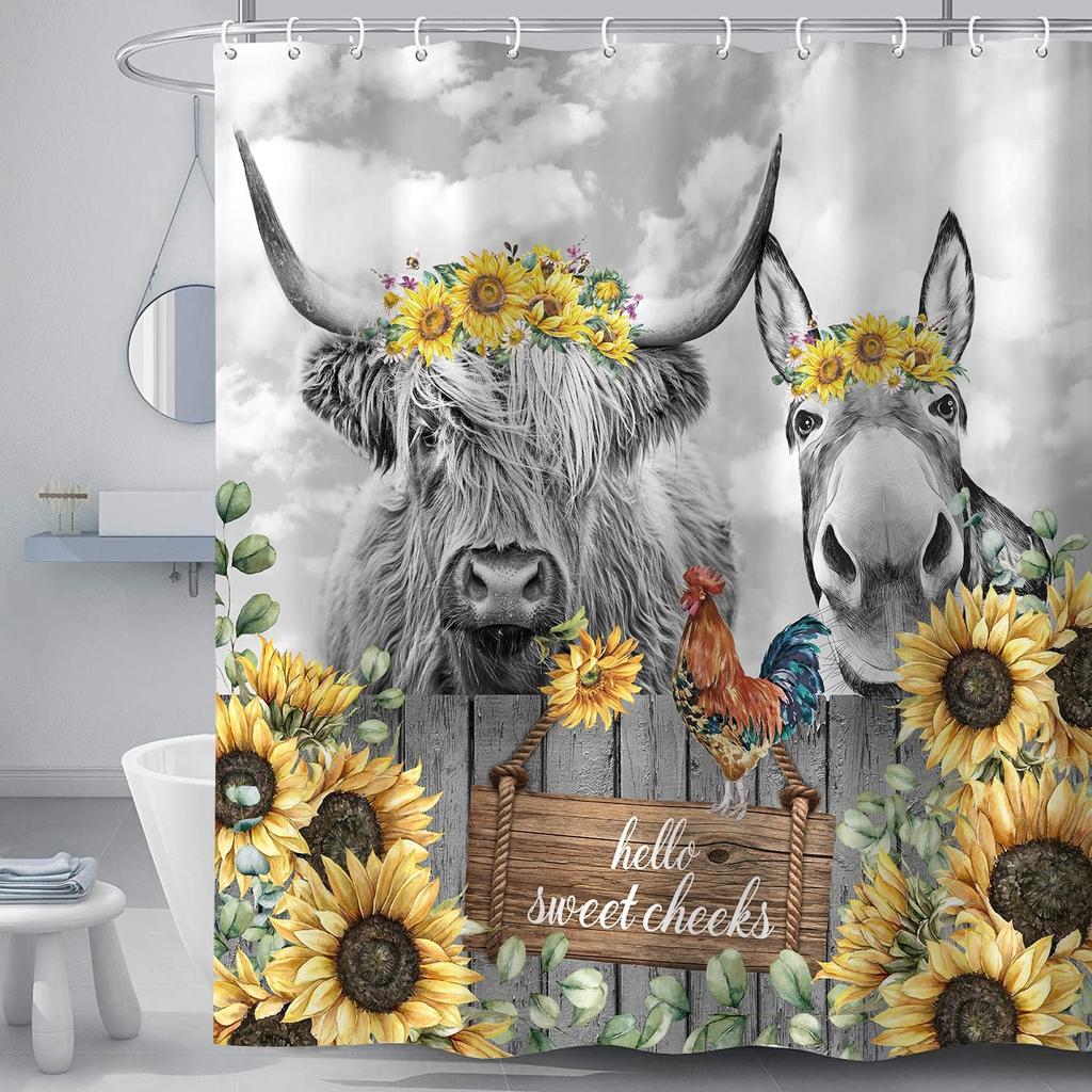 Highland Cow Shower Curtain Rustic Farm Animal Cattle Donkey Pig Chicken Flower Plant Leaves Sunflower Bathroom Decor with Hooks