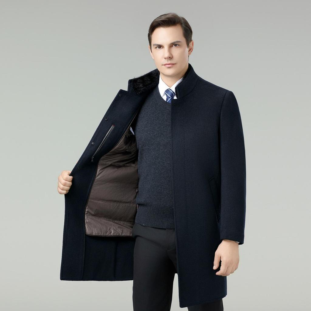 Men's Winter Wool Coat with Mink Fur Collar and Down Liner