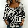 Women Square Neck Blouse White Black Ink Floral Print Ruffle Three Quarter Sleeve Shirt