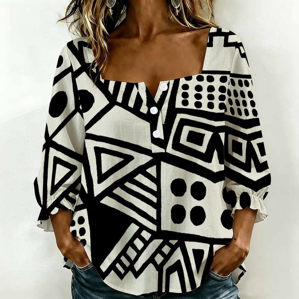 Women Square Neck Blouse White Black Ink Floral Print Ruffle Three Quarter Sleeve Shirt
