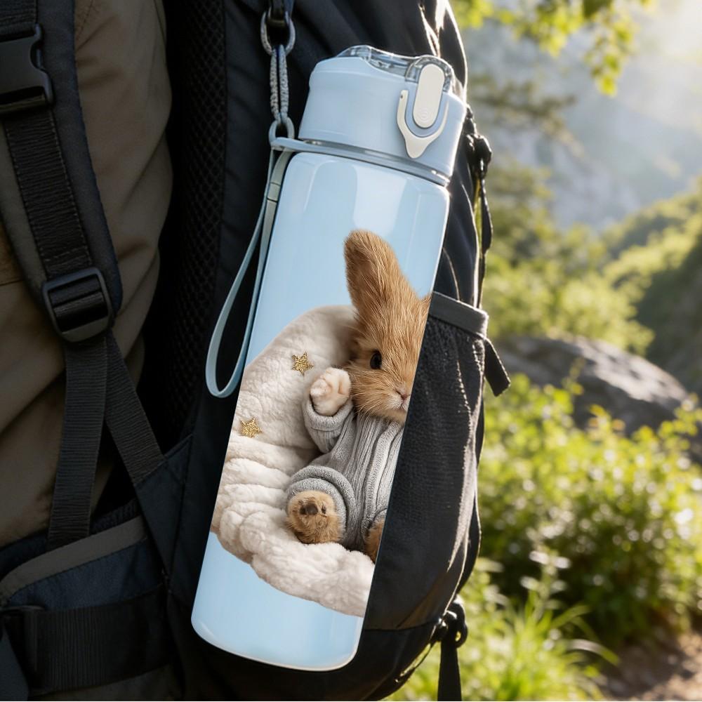 1PC Bunny Rabbit Wrapped In Blanket Print 750ml Color Plastic Sports Water Bottle Leakproof Flip Straw Lid Suitable for Sports Office Home Use