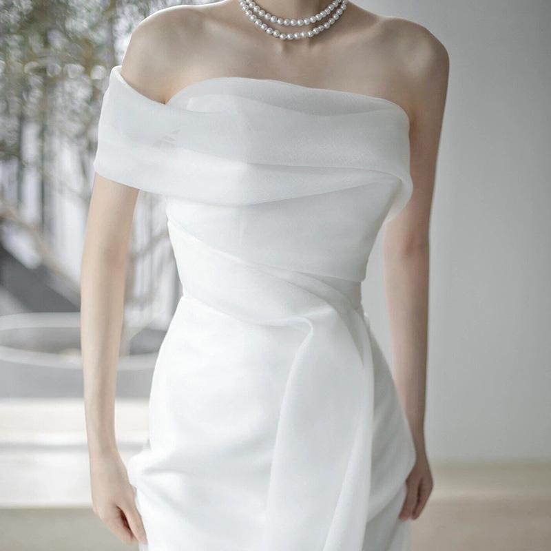 Rochie de mireasă franceză cu un singur cuvânt pe umăr, rochie de mireasă super fairy Mori door, rochie simplă cu temperament, rochie albă, rochie de recepție tip coadă de sirenă