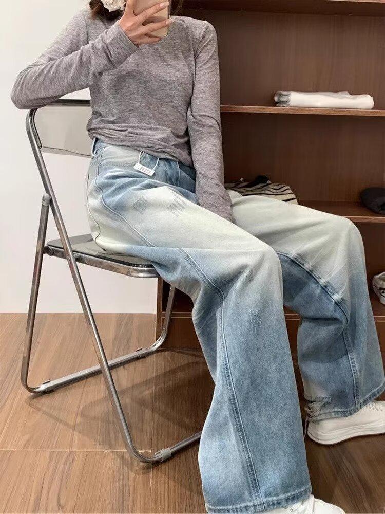 

Женские джинсы большого размера, винтажные, с потертостями, широкие штанины, светлая стирка 2XL синий