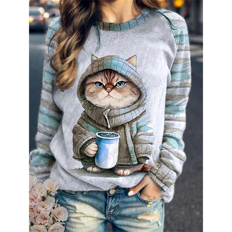 Women Hoodies Funny Cartoon Cat 3d Print Sweatshirt Women Fashion Crew Neck Pullover Hoodie Animal Sweats Female Coat Clothing