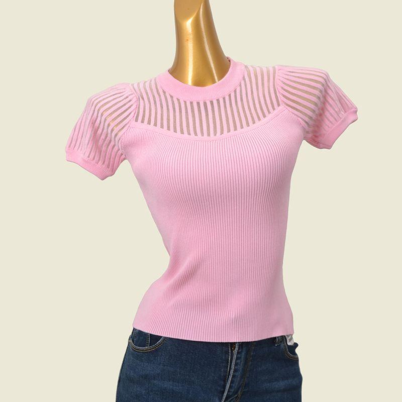 Perspective Texture Bubble Sleeve Pullover Tops Summer Short Sleeve Silm Stretch Knitting T-shirt