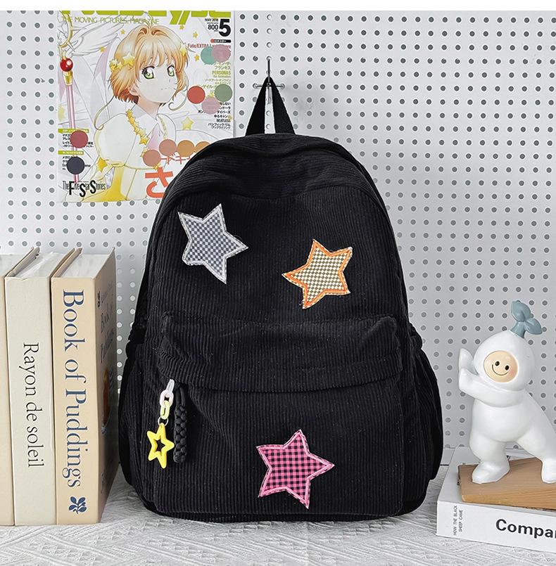 Women's Mori Style Corduroy Backpack - Harajuku Middle School Bookbag with Star Design for Travel