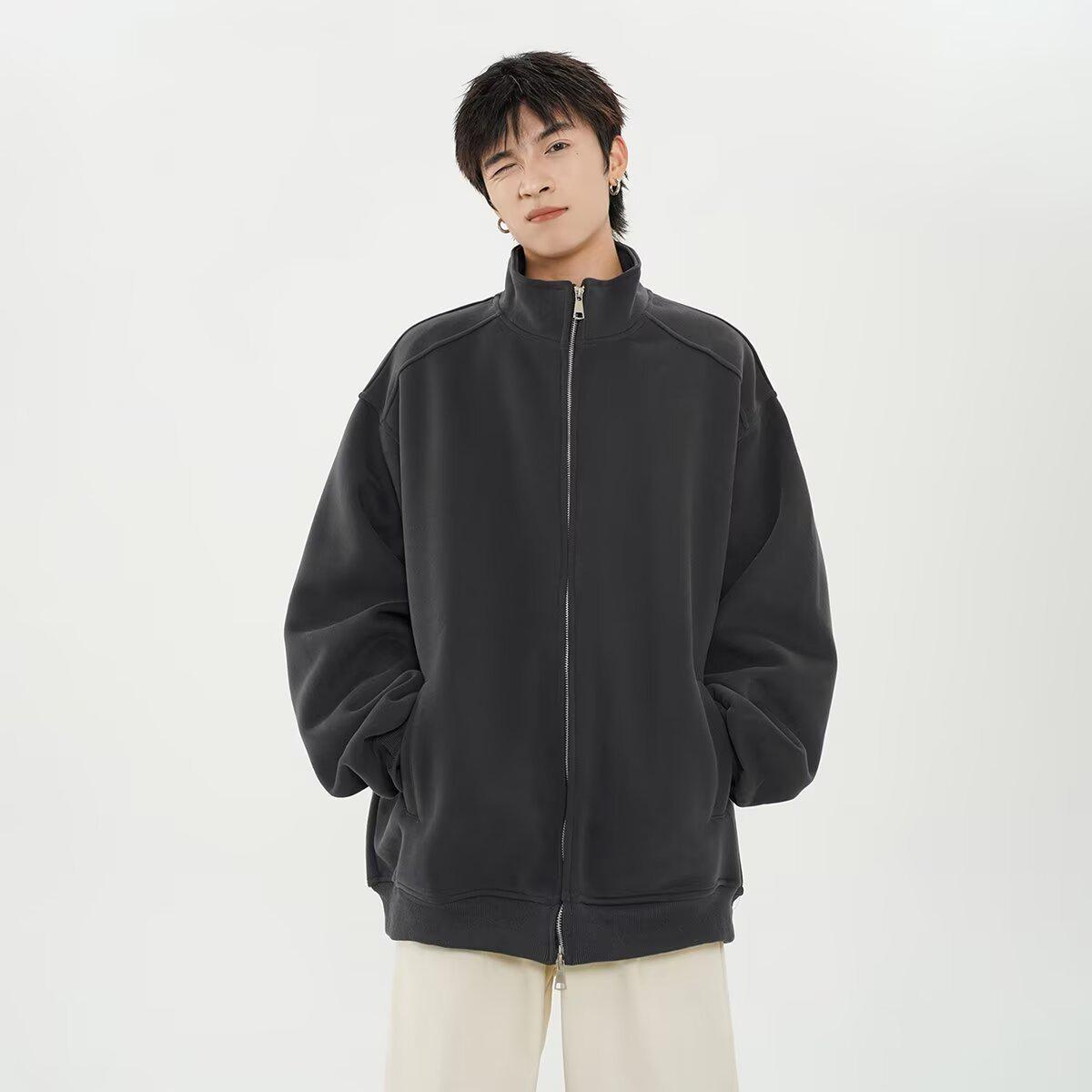 

Мужской кардиган на молнии с воротником-стойкой, тяжелый вес - стильная спортивная куртка на осень/зиму Large