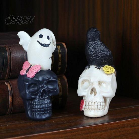 Halloween Tabletop Figures Gothic Skull Figurine, Spooky Ghost/Raven on Statue, Ornaments Resin Ornament for Desk, Mantel, Shelf Decor Small