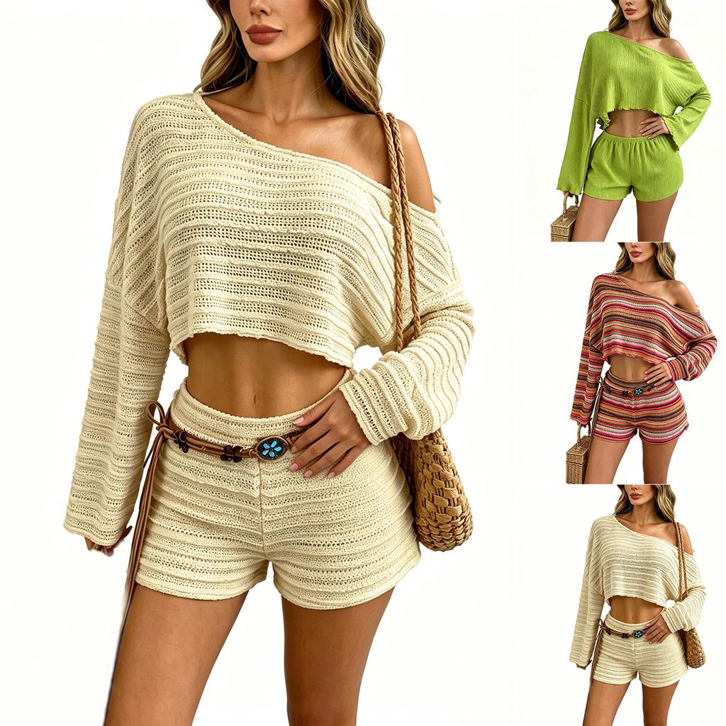 Women Two Piece Set Asymmetric Off Shoulder Crop Top and High Waist Shorts Summer Casual Lounge Wear Striped Knit Fabric