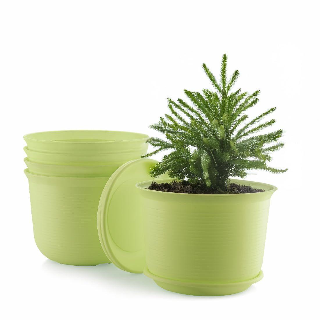 

Пластиковые круглые цветочные горшки с поддоном для домашних растений, террасы, сада и т. д. | Упаковка из 05 штук | Зеленый | для дома, для помещений и улицы зелёный