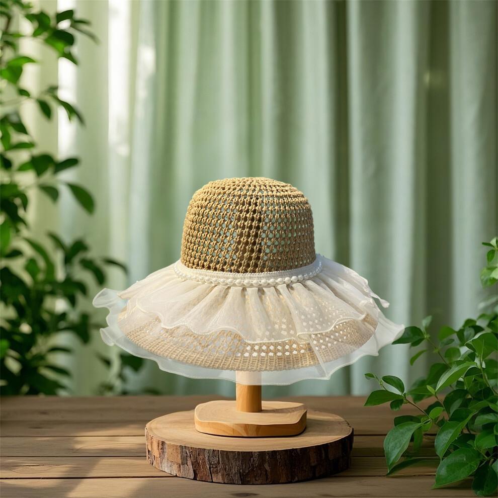 (One Size, Khaki) Women's Woven Sun Hats Outdoor Fashionable Mesh Pearl Wide Brim Sun Protection Beach Hat