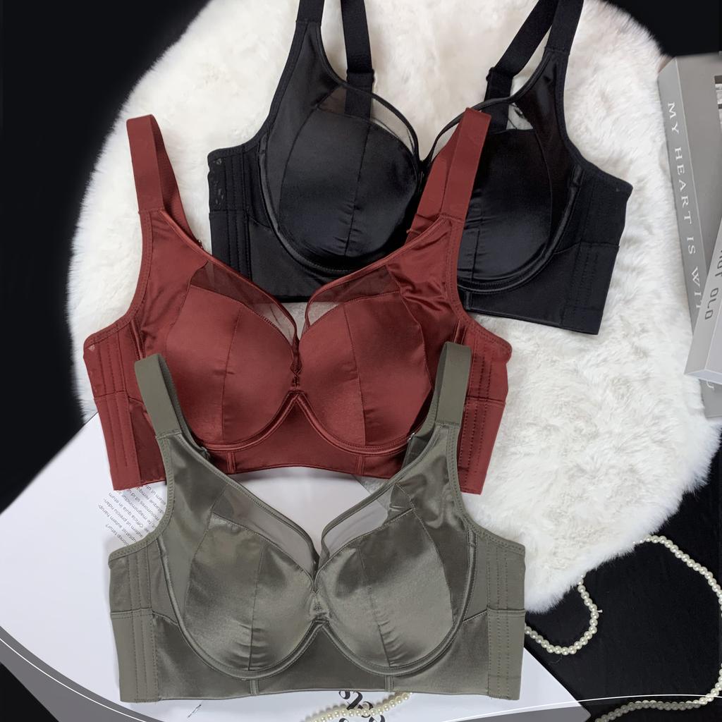 New Satin Underwear Women's Big Breasts Show Small Thin Cup BC Cup Soft Steel Ring Support Gathering Upper Support Bra Cover Women's Autumn and Winter