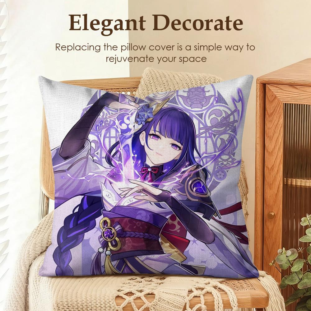 Raiden Shogun Genshin Impact Cushion Cover Natural Linen Organic Fabric DoubleSided Printing Sofa Home Decor Gift Pillow Case