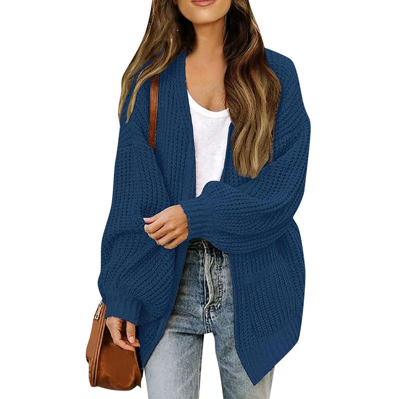 Chic Autumn Idle Style V-Neck Knitted Cardigan Women Sweater Jacket Versatile Loose Fit Casual Solid Color Lantern Sleeve Pullovers