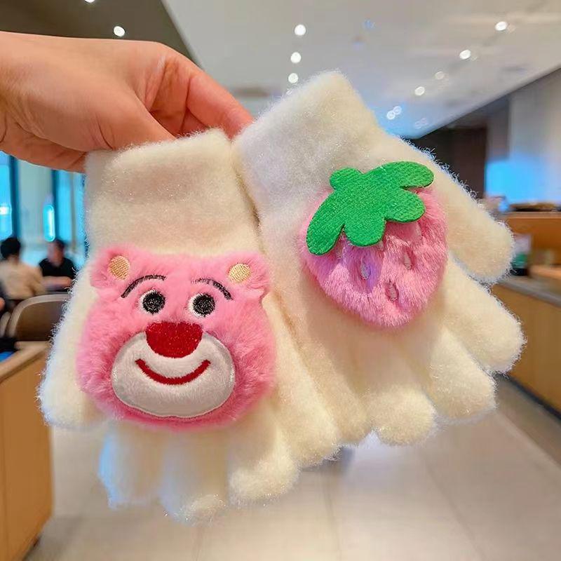 

In Stock: Adorable Strawberry Bear Plush Fingerless Gloves for Girls - Warm, Windproof, Winter Design One Size белый