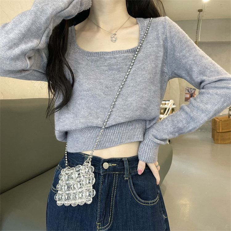 Square Collar Inner Long-Sleeved Knitted Sweater Women'S New Spring And Autumn Niche High-Waisted Short Bottoming Top Tide