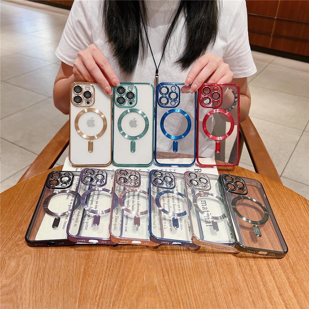 For iPhone 15 14 Pro Max Luxury Magsafe Magnetic Plating Frame Transparent Phone Case For iPhone X XS 11 12 13 14 Plus Protective Cover