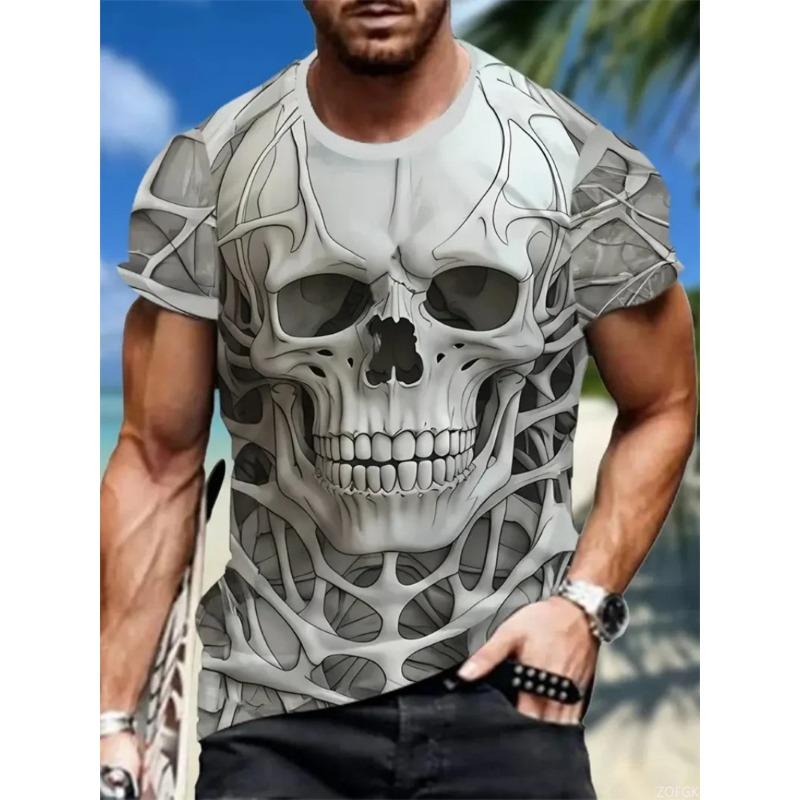 Summer Comfortable Round Neck Short Sleeved Men's 3D Horror Skull Print T-shirt Casual T-shirt Fashion Clothing