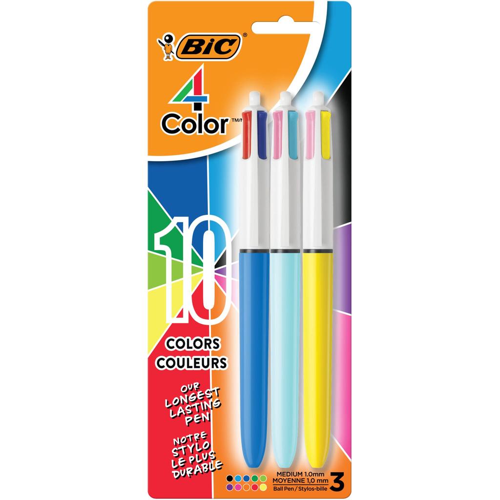 BIC retractable ballpoint pen with ink and comfortable wide assorted 4-color long-lasting barrel, 3-pack inks.