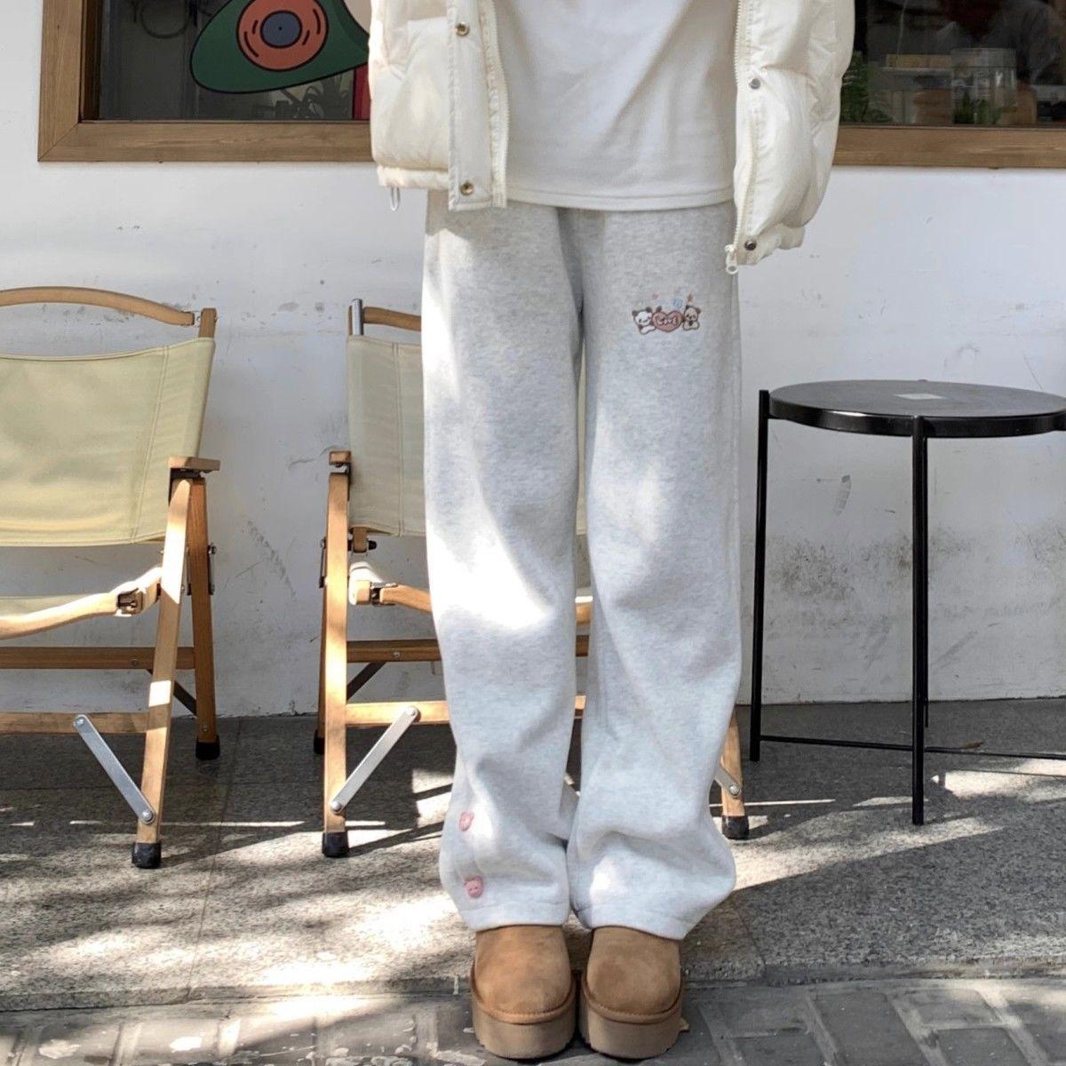 

Флисовые брюки Kawaii Sweet Harajuku с высокой талией, широкие брюки для женщин, японская мода, вышивка медведя, свободные брюки, мягкие, для девочек XXL серый