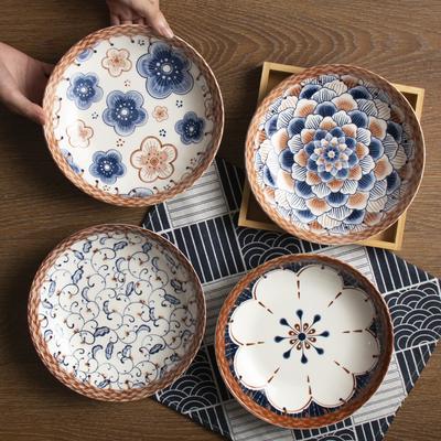 Japanese Vine Ceramic Underglaze Color Disc Retro Douyin Same Japanese Dish Deep Plate Household Creative Tableware