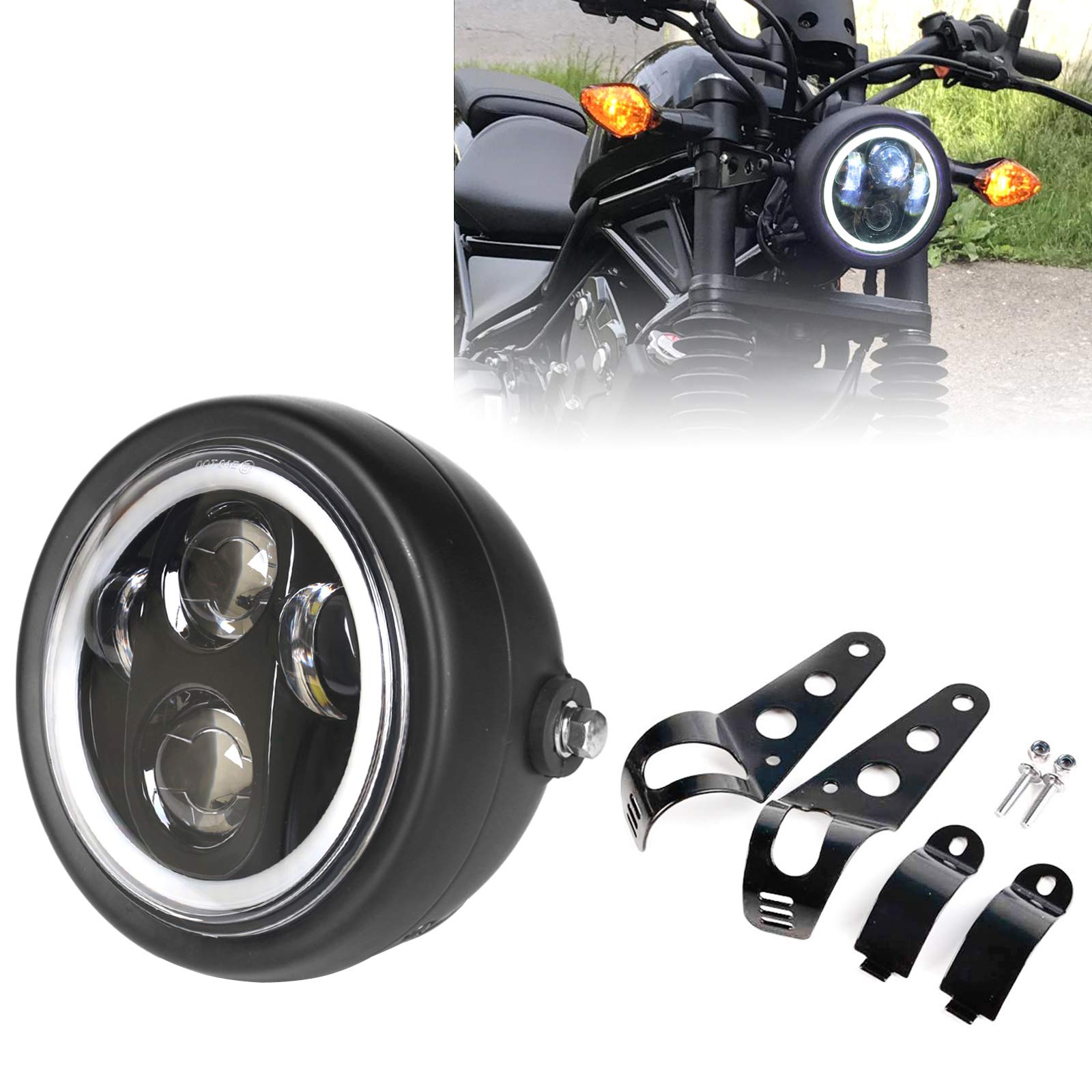 

дюймовая светодиодная фара для мотоцикла с белым кольцом Halo с кронштейном для крепления корпуса фары, совместимая с Honda Shadow 750 Rebel 500 Cafe Racer Bobber