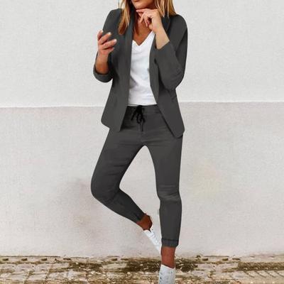 2 ks/sada Lady Formal Coat Kalhoty Set Dlouhé rukávy Slim Fit Klopa Cardigan Bunda střední délky Elastický pas Tužka Kalhoty Formální Business Dojíždění