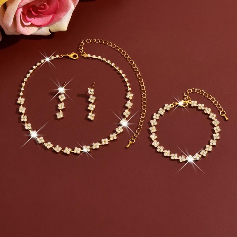 Elegant Four Leaf Clover Crystal Jewelry Set Women - Necklace Earrings Bracelet In Eco-Friendly Gold Or Plating