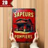 Vintage Metal Fire Station Wall Sign  Retro Fire Truck  Red Car Design with French Sauveurs Pompepiers Text Classic
