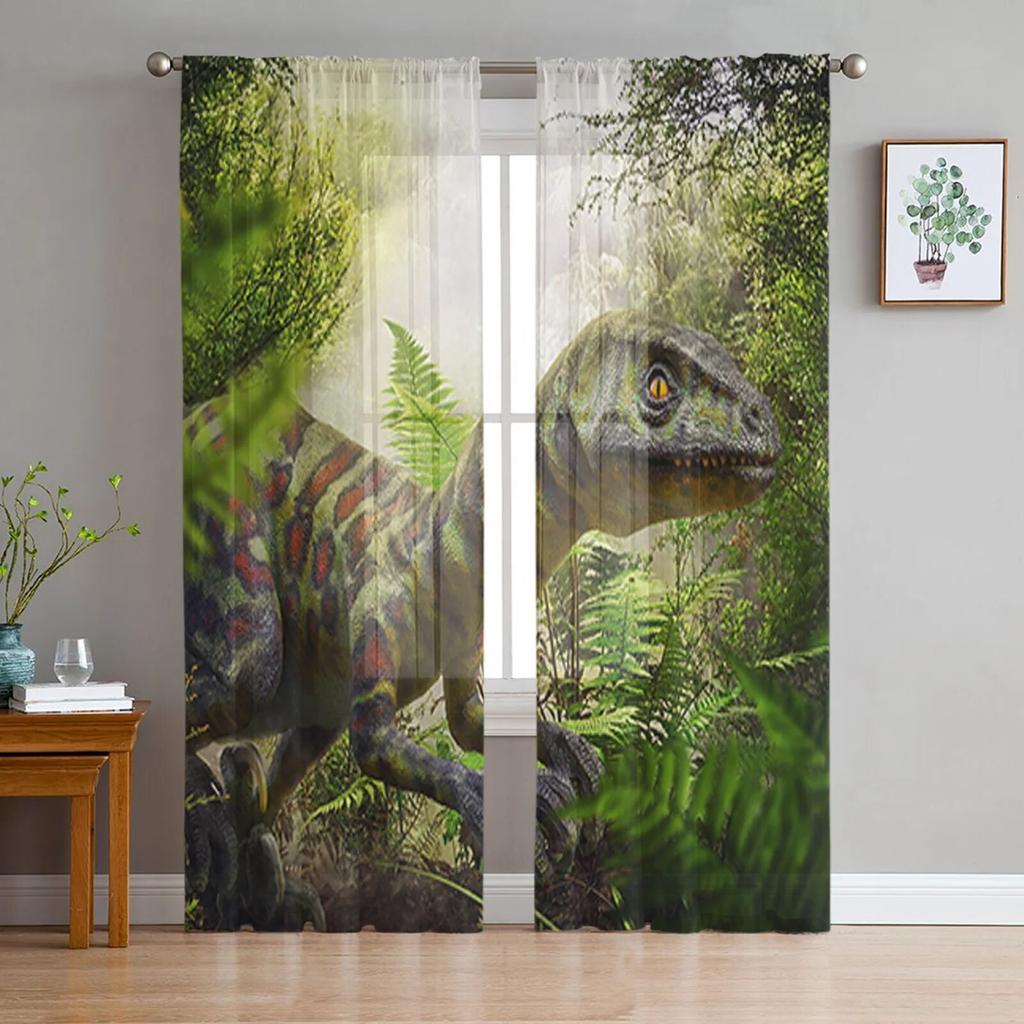 Jurassic 3D Dinosaur Virgin Forest Sheer Curtains for Living Room Bedroom Tulle Window Drapes for Kitchen Decoration