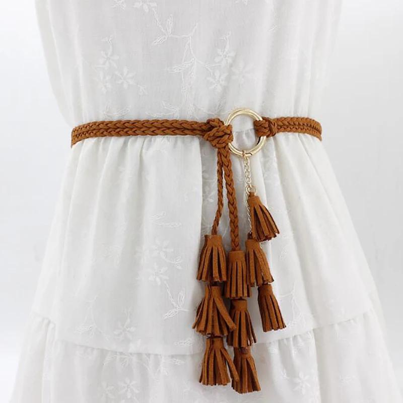 Fashion Women Solid Color Braided Tassel Belt 2024 New Boho Girls Thin Waist Rope Knit Belts for Dress Waistbands Accessories