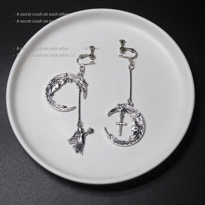 Wind Stud Earrings Gothic Punk Trendy Retro Moon Angel Cross Combination Pierless Ear Clips Stud Earrings