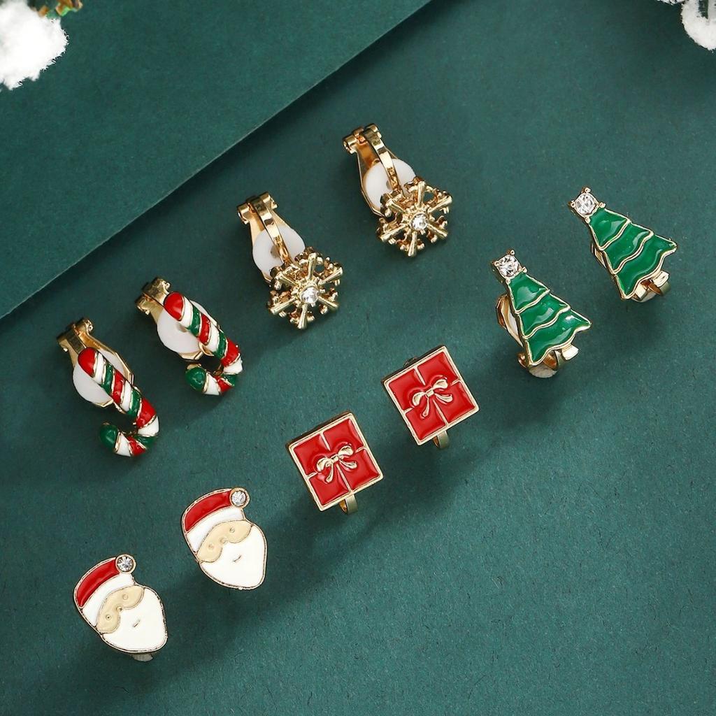 Hot Selling Cute Santa Claus Christmas Tree Ear Piercing Wearable Christmas Alloy Ear Clip Set