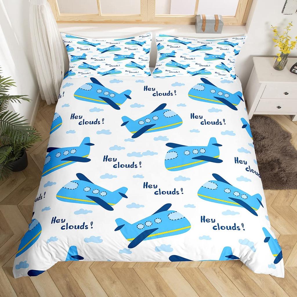 Jungen Kinder Cartoon Flugzeug Bettbezug Regenbogen Wolken Sternenhimmel Kleinkind Bettwäsche Set Flugzeuge Niedlich Weiß Polyester Steppdeckenbezug