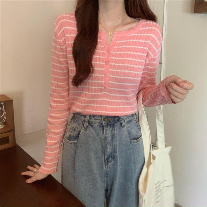 Versatile Striped Long Sleeve Knitwear Women's Early Autumn Winter Thin Loose Outerwear Base Layer Top