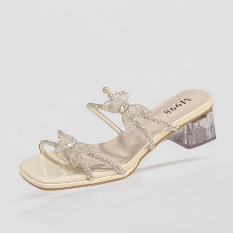 Fashion Shoes Women Slippers Heels Square Toe Pantofle Butterfly-Knot Glitter Slides Fashion Soft High 2025 Block Jelly Luxury Crystal