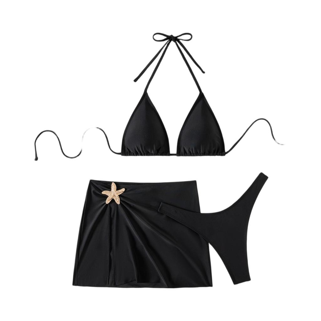 Women's Three Piece Bikini Set with Top Skirt Cover Up and Decorated Bottoms for Beachwear